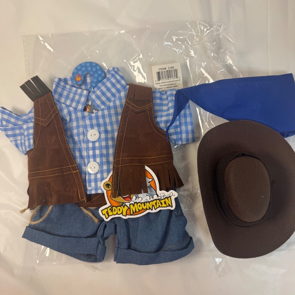 Teddy Mountain 8" Cowboy Plush Outfit Blue Gingham Shirt Brown Vest Hat 2180